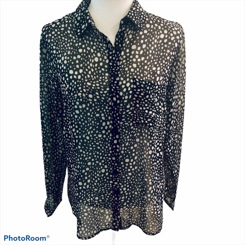 Charlie and Adele Black Blouse White Dots Crossover Back Sz M